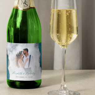 Étiquettes Pour Bouteilles De Vin Mousseux Photo de mariage agate sarcelle bleu argent