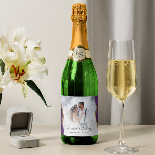 Étiquettes Pour Bouteilles De Vin Mousseux Photo de mariage agate violette et or