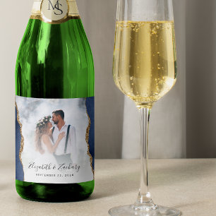 Étiquettes Pour Bouteilles De Vin Mousseux Photo de mariage bleu marine agate or