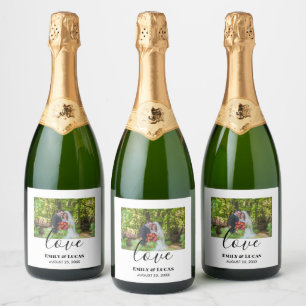 Étiquettes Pour Bouteilles De Vin Mousseux Photo de mariage personnalisée Calligraphie simple