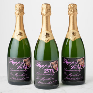 Étiquettes Pour Bouteilles De Vin Mousseux Photo élégante Joyeux 25e anniversaire rose noir