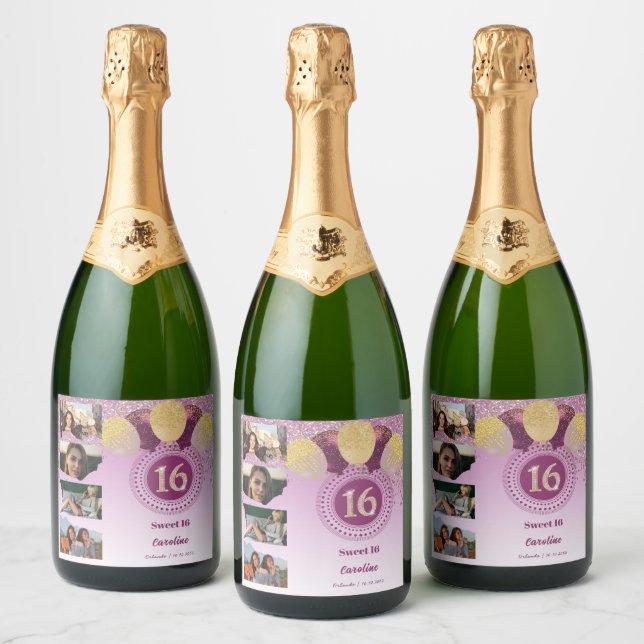 Étiquettes Pour Bouteilles De Vin Mousseux Photos, 16e anniversaire Rose Parties scintillant  (Bouteilles)
