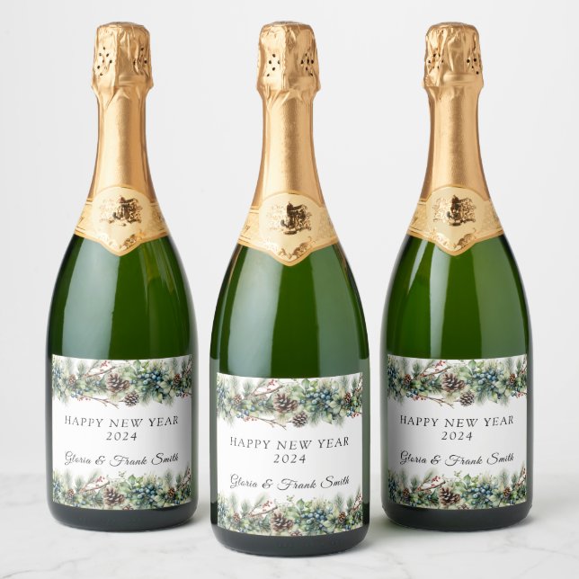 Étiquettes Pour Bouteilles De Vin Mousseux Pinecones Berries Garland HEUREUX NOUVEL AN (Bouteilles)