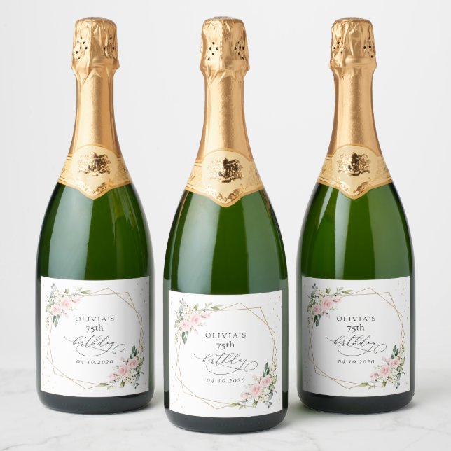 Étiquettes Pour Bouteilles De Vin Mousseux Pink Flowers, White Flowers, Greenery, Birthday (Bouteilles)