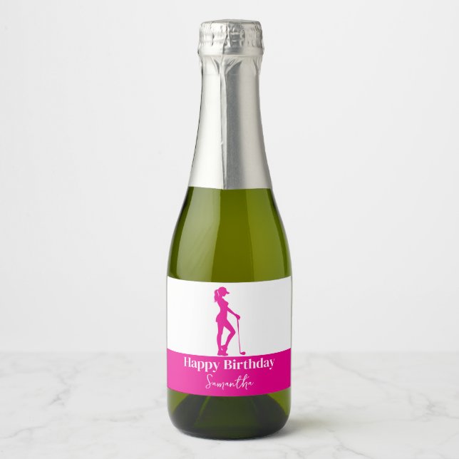 Étiquettes Pour Bouteilles De Vin Mousseux Pinky Lady Golfer Anniversaire Monogramme (Devant)