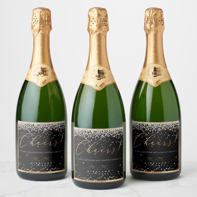 Étiquettes Pour Bouteilles De Vin Mousseux PixDezines Faux Gold Script Holographique Confetti (Bouteilles)