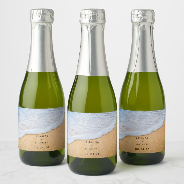 Étiquettes Pour Bouteilles De Vin Mousseux Plage de sable avec Mariage photo Surf en mousse (Bouteilles)