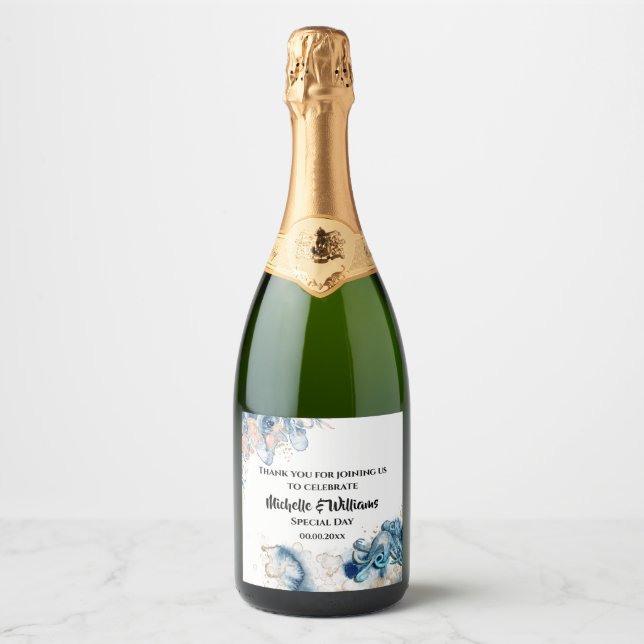 Étiquettes Pour Bouteilles De Vin Mousseux Plage pieuvre aquarelle bleu orangé (Devant)