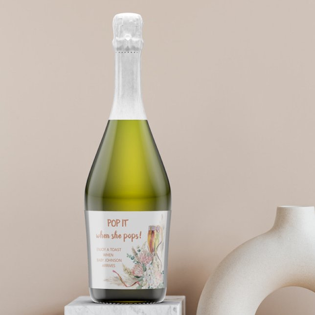 Étiquettes Pour Bouteilles De Vin Mousseux Pop It Baby shower Boho Pampas herbe Floral (Créateur téléchargé)