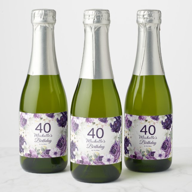 Étiquettes Pour Bouteilles De Vin Mousseux Purple Blanc Floral Parties scintillant 40e Annive (Bouteilles)