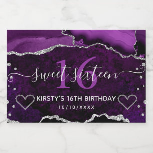 Étiquettes Pour Bouteilles De Vin Mousseux Purple et Glitter Argent Agate Marble Sweet 16