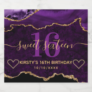 Étiquettes Pour Bouteilles De Vin Mousseux Purple & Gold Glitter Agate Marble Sweet Sixteen
