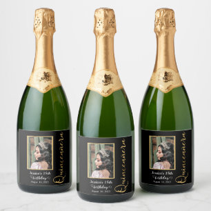 Étiquettes Pour Bouteilles De Vin Mousseux Quinceanera Gold Black Photo Sparkling Wine Label
