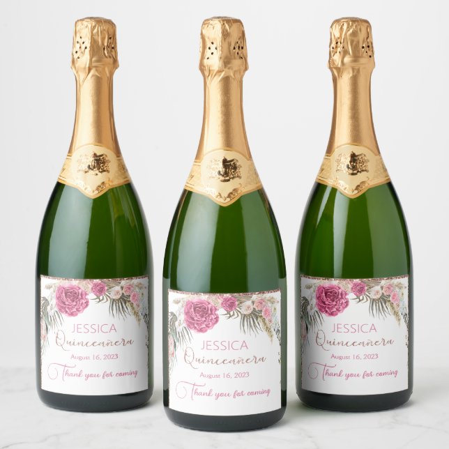 Étiquettes Pour Bouteilles De Vin Mousseux Quinceanera Rose or Parties scintillant étincelant (Bouteilles)