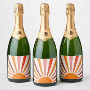 Étiquettes Pour Bouteilles De Vin Mousseux Rayons Soleil Rétro Coucher Soleil Orange Jaune Ro