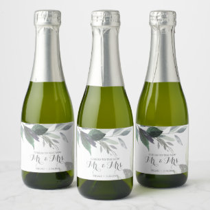 Étiquettes Pour Bouteilles De Vin Mousseux Réception de mariage aux feuilles bleu poussiéreux