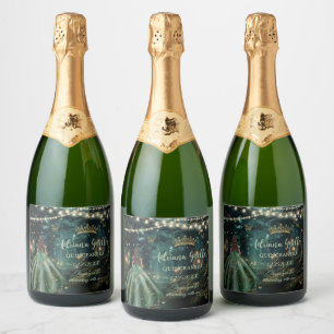 Étiquettes Pour Bouteilles De Vin Mousseux Robe verte émeraude de la forêt enchantée Quinceañ