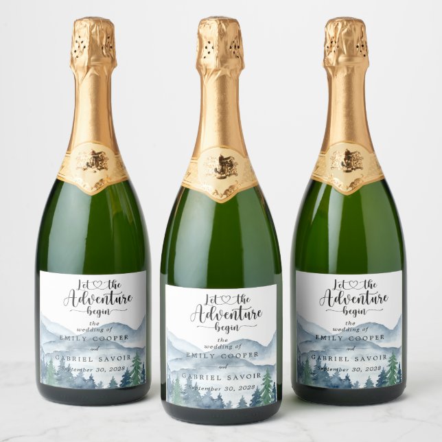 Étiquettes Pour Bouteilles De Vin Mousseux Romantique Rustique Aquarelle Montagnes Arbre Mari (Bouteilles)
