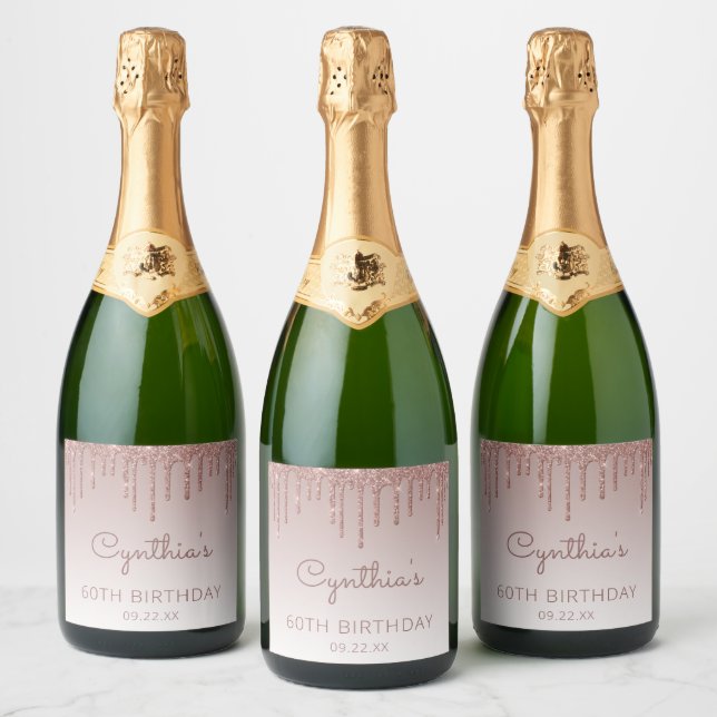 Étiquettes Pour Bouteilles De Vin Mousseux Rose étincelant Parties scintillant Gold Drip 60e  (Bouteilles)