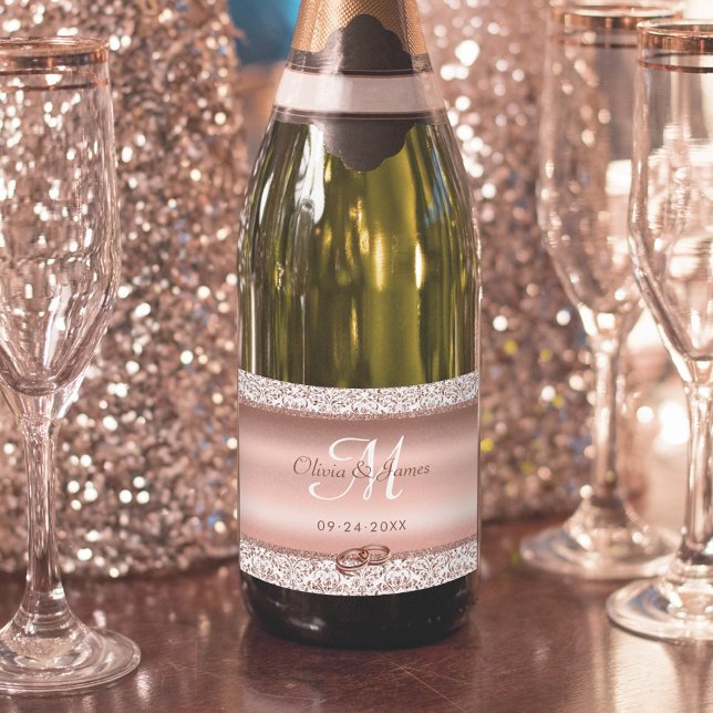 Étiquettes Pour Bouteilles De Vin Mousseux Rose Gold Damask Mariage (Créateur téléchargé)