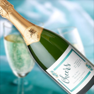 Étiquettes Pour Bouteilles De Vin Mousseux Rose sarcelle et turquoise Élégant Mariage Paillet