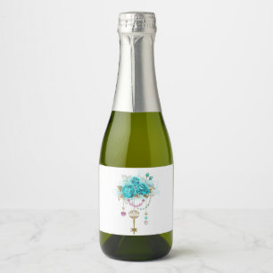 Étiquettes Pour Bouteilles De Vin Mousseux Roses turquoise avec touches