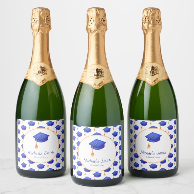 Étiquettes Pour Bouteilles De Vin Mousseux Royal Blue Casquette Graduation personnalisée (Bouteilles)