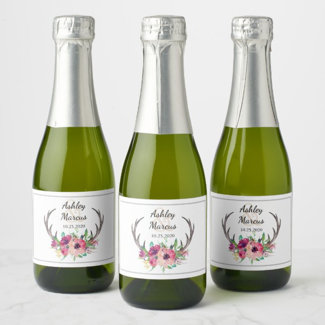 Étiquettes Pour Bouteilles De Vin Mousseux Rustique Antlers Boho Floral Mariage (Bouteilles)