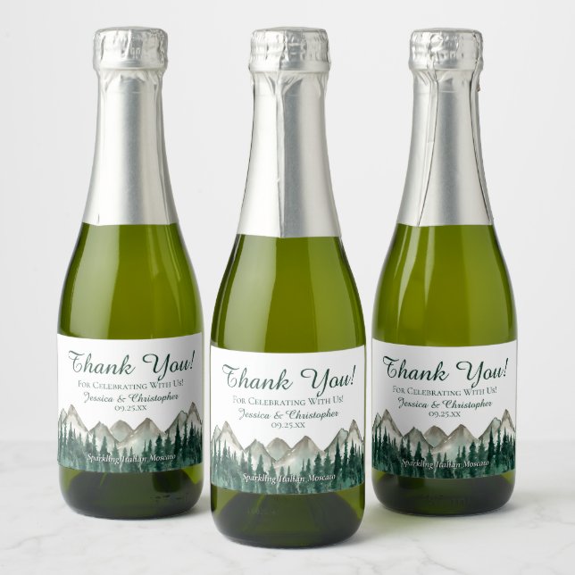 Étiquettes Pour Bouteilles De Vin Mousseux Rustique Mountain & Pine Mariage Merci Mini (Bouteilles)