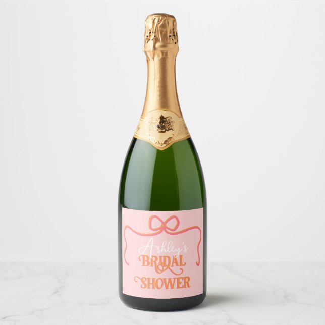 Étiquettes Pour Bouteilles De Vin Mousseux Salle de Réception Mariage Rose Orange Cadre Ondul (Devant)