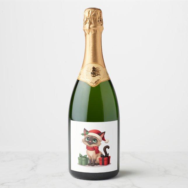 Étiquettes Pour Bouteilles De Vin Mousseux Siamese Chat Noël Noël Père Noël Chat Siamese (Devant)