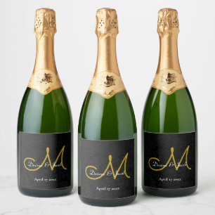 Étiquettes Pour Bouteilles De Vin Mousseux Simple Black Gold Blanc Élégant Monogramme de mari