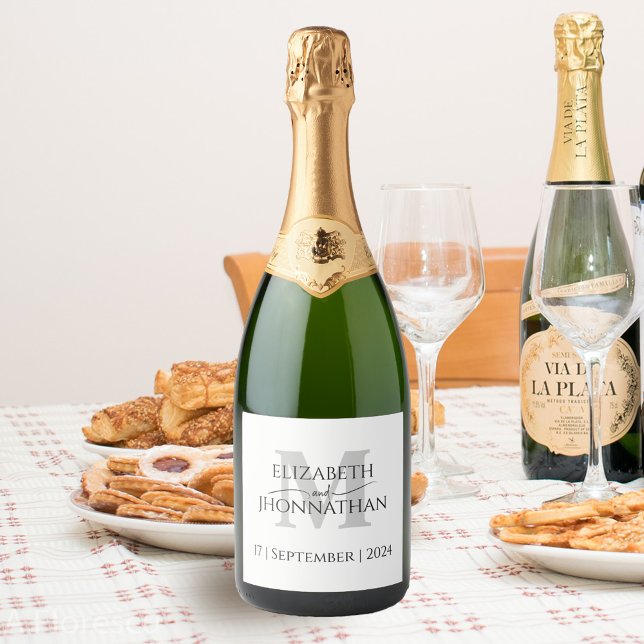 Étiquettes Pour Bouteilles De Vin Mousseux Simple minimal Élégant Mariage Chic Gris Monogramm (Créateur téléchargé)