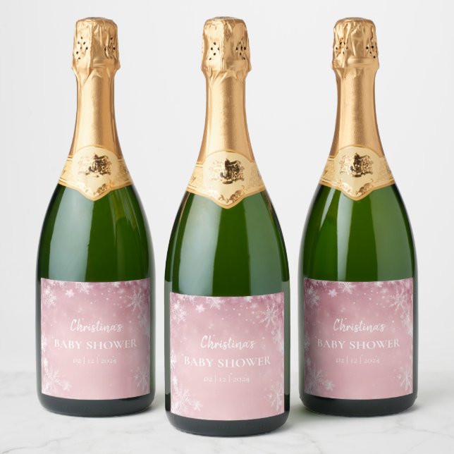 Étiquettes Pour Bouteilles De Vin Mousseux Snowflake Winter Wonderland Baby shower rose (Bouteilles)