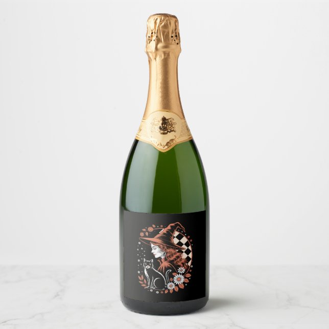 Étiquettes Pour Bouteilles De Vin Mousseux Sorcière À damiers Halloween (Devant)
