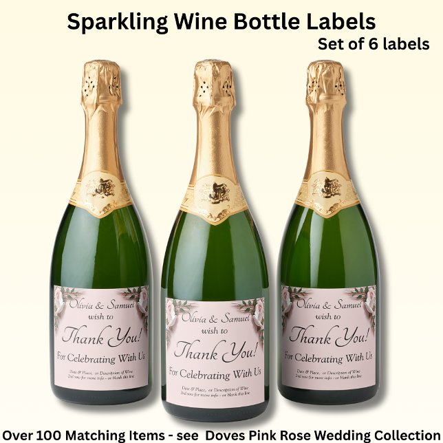 Étiquettes Pour Bouteilles De Vin Mousseux Sparkling Wine Bottle Labels, Pink Roses & Doves  (Créateur téléchargé)