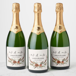 Étiquettes Pour Bouteilles De Vin Mousseux Stag rustique mariage botanique m et mrs script