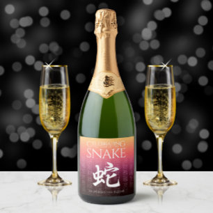 Étiquettes Pour Bouteilles De Vin Mousseux Symbole lunaire du serpent 蛇 or rouge chinois Zodi