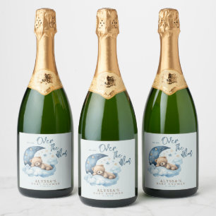 Étiquettes Pour Bouteilles De Vin Mousseux Teddy Bear Over the Moon Blue Baby shower