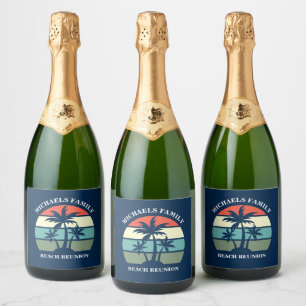 Étiquettes Pour Bouteilles De Vin Mousseux Tropical Palm Tree Sunset Custom Blue Beach Party