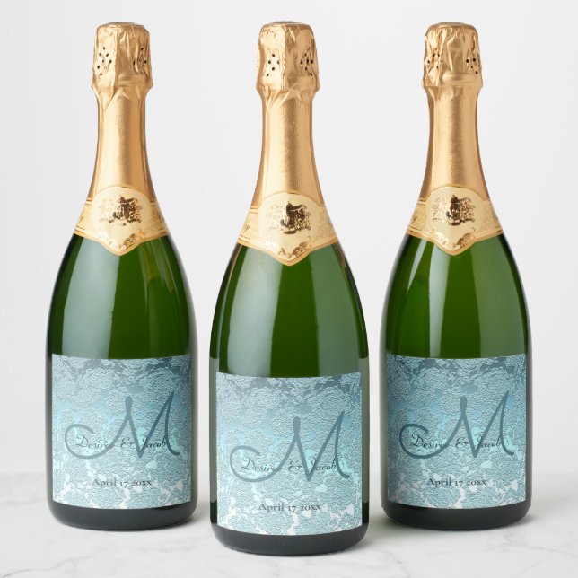 Étiquettes Pour Bouteilles De Vin Mousseux Turquoise Turquoise Élégant Monogramme De Réceptio (Bouteilles)