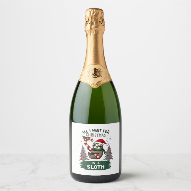Étiquettes Pour Bouteilles De Vin Mousseux Un Paresseux Pour Noël. Mignonne, Parcours De Noël (Devant)