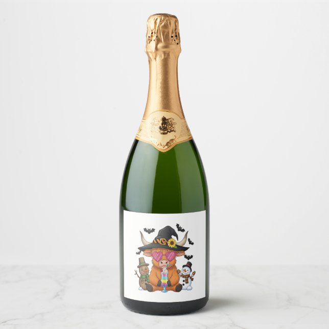 Étiquettes Pour Bouteilles De Vin Mousseux Vache Halloween Highland (2) (Devant)