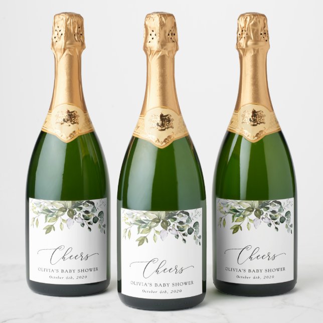 Étiquettes Pour Bouteilles De Vin Mousseux Verdure, Eucalyptus Feuilles, Boho, Baby shower (Bouteilles)