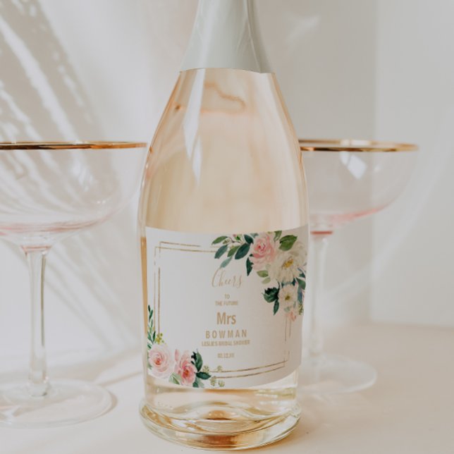 Étiquettes Pour Bouteilles De Vin Mousseux Vert et Or Élégante Douche de Mariée Géométrique (Créateur téléchargé)