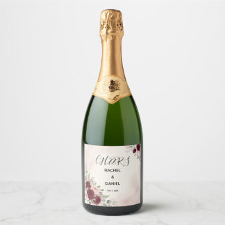 Étiquettes Pour Bouteilles De Vin Mousseux Vin mousseux miniature de mariage floral Burgundy