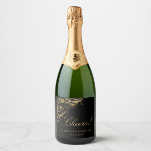 Étiquettes Pour Bouteilles De Vin Mousseux Vintage Black Gold Floral Damask Mariage