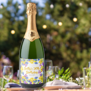 Étiquettes Pour Bouteilles De Vin Mousseux Watercolor Fleurs sauvages 30e fête d'anniversaire