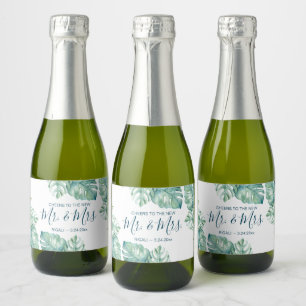 Étiquettes Pour Bouteilles De Vin Mousseux Watercolor Réception de mariage des Feuilles tropi