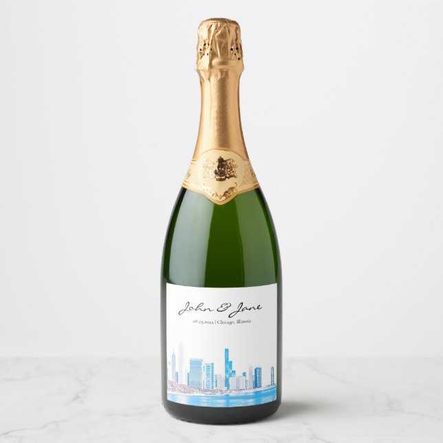 Étiquettes Pour Bouteilles De Vin Mousseux Wintery personnalisé Chicago Skyline Sparkling Win (Devant)